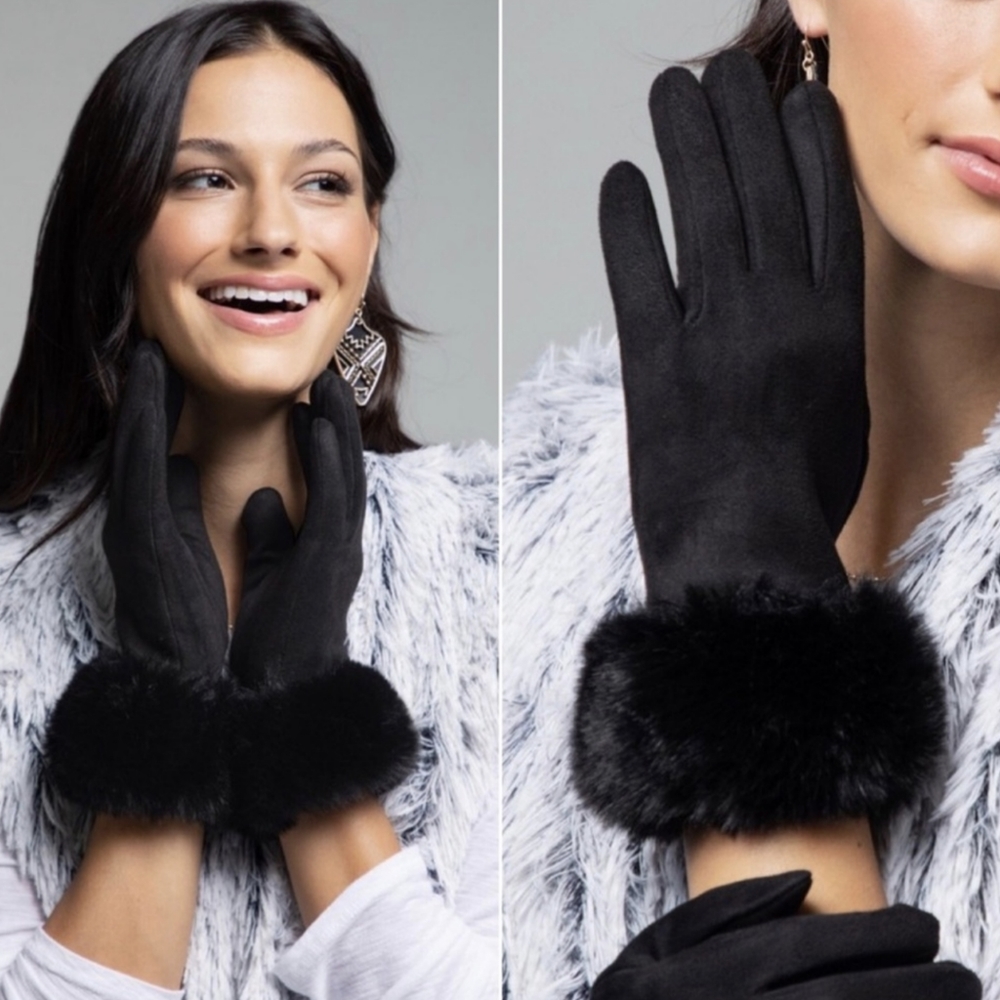 LAST PAIR! Elegant Black Faux Fur Vegan Suede Winter Gloves - Picture 6 of 6